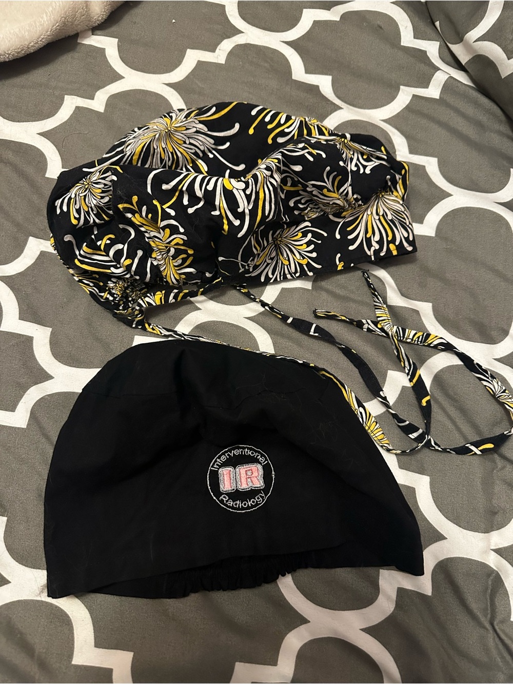 Black Floral and Solid Surgical Scrub Caps - Yellow & White Floral Accent